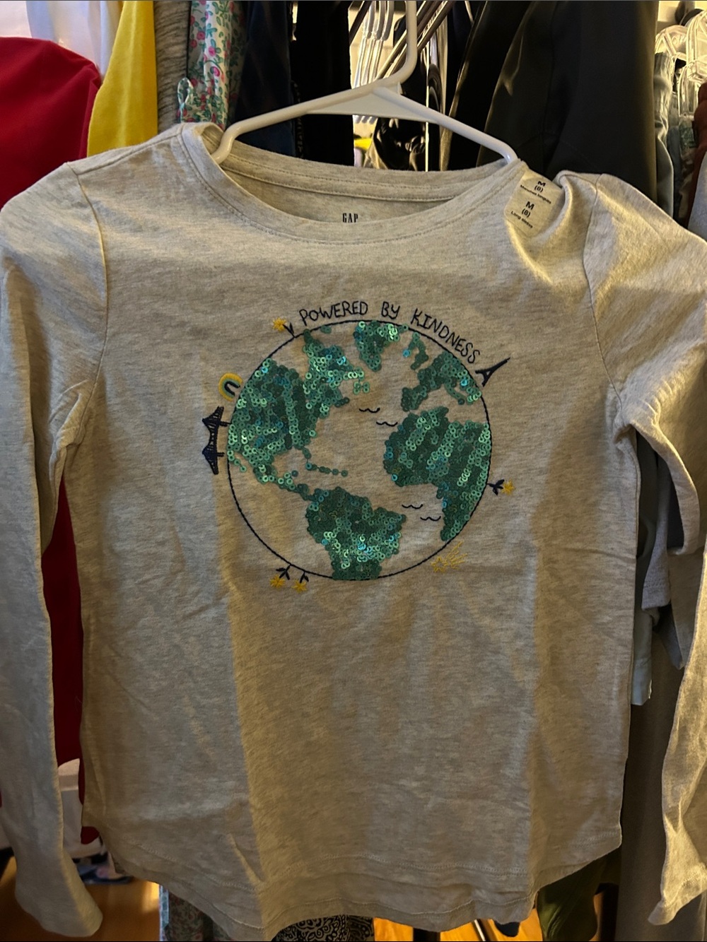 GAP Gray Long-Sleeve Tee with Green Sequin Earth